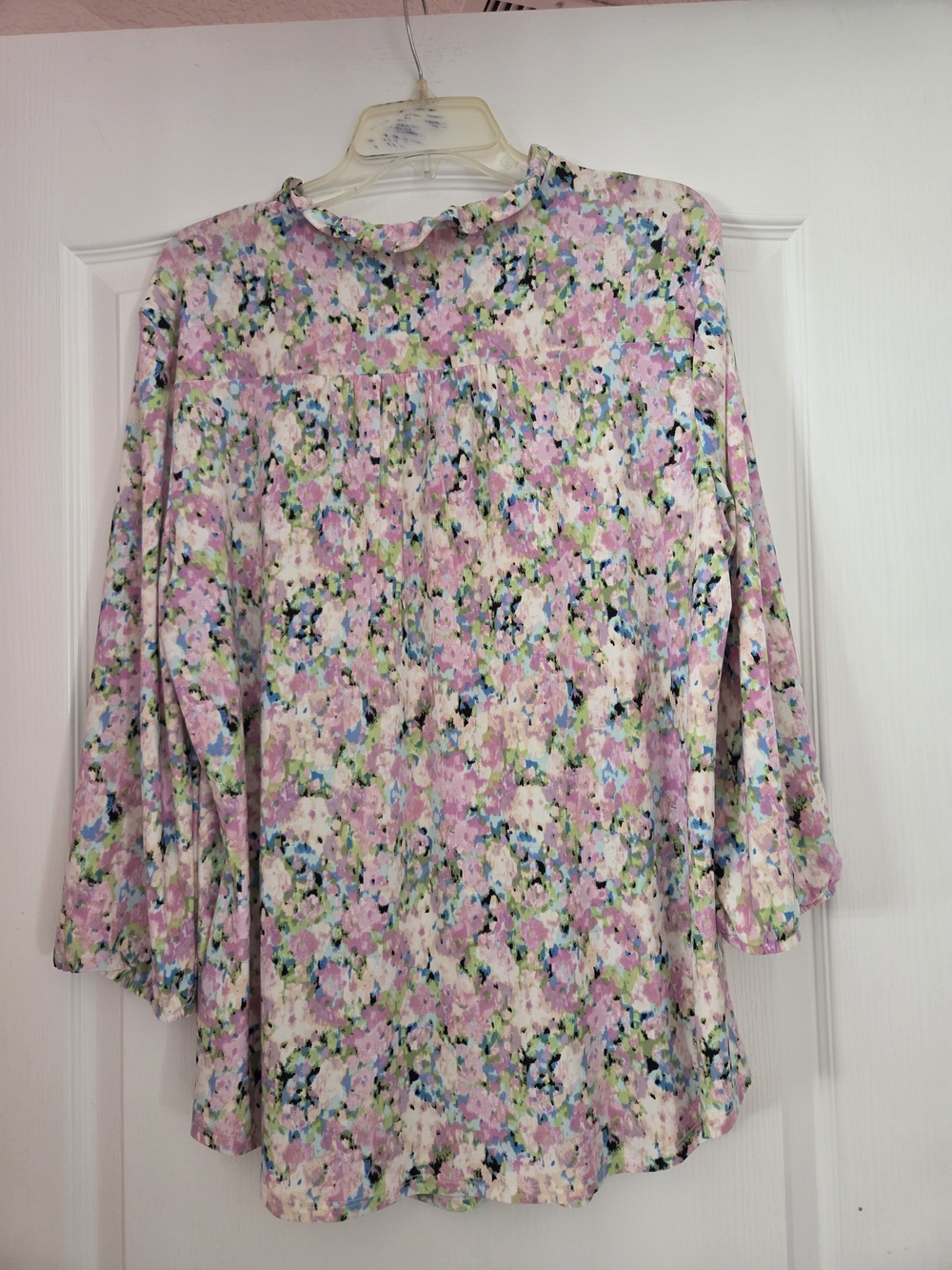 Floral Ruffled Pink Peasant Tunic - Relaxed 3/4 Sleeve - Picture 6 of 7